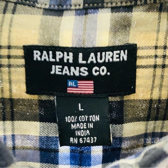 Ralph Lauren Jean Co. Men’s Sz Large Green & Blue Plaid Oxford Button Down - Picture 5 of 7